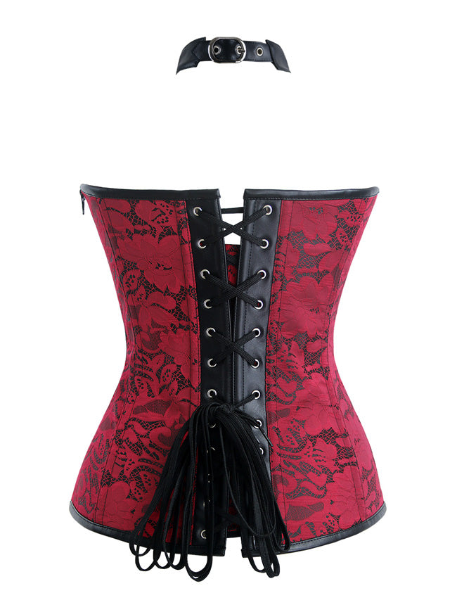 Women's Steampunk Spiral Steel Bone Brocade Faux Leather Overbust Corset Black/Red Back View