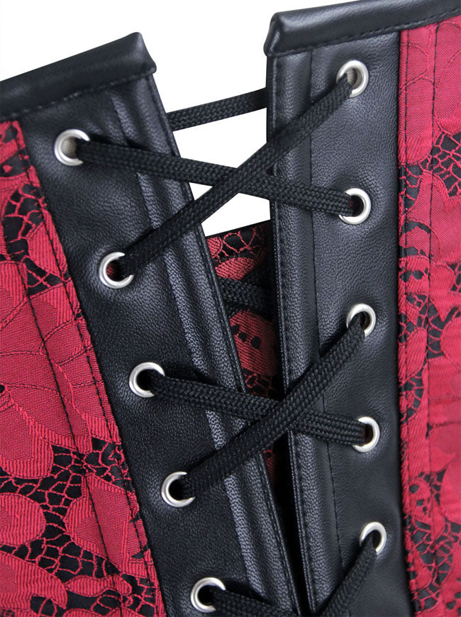 Women's Vintage Spiral Steel Bone Brocade Faux Leather Halter Corset Black/Red Detail View