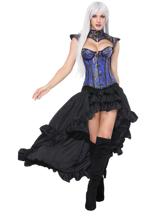 Steampunk korsett kjole kvinner gotisk faux skinn korsett med asymmetrisk  blonder skjørt sett S-6XL