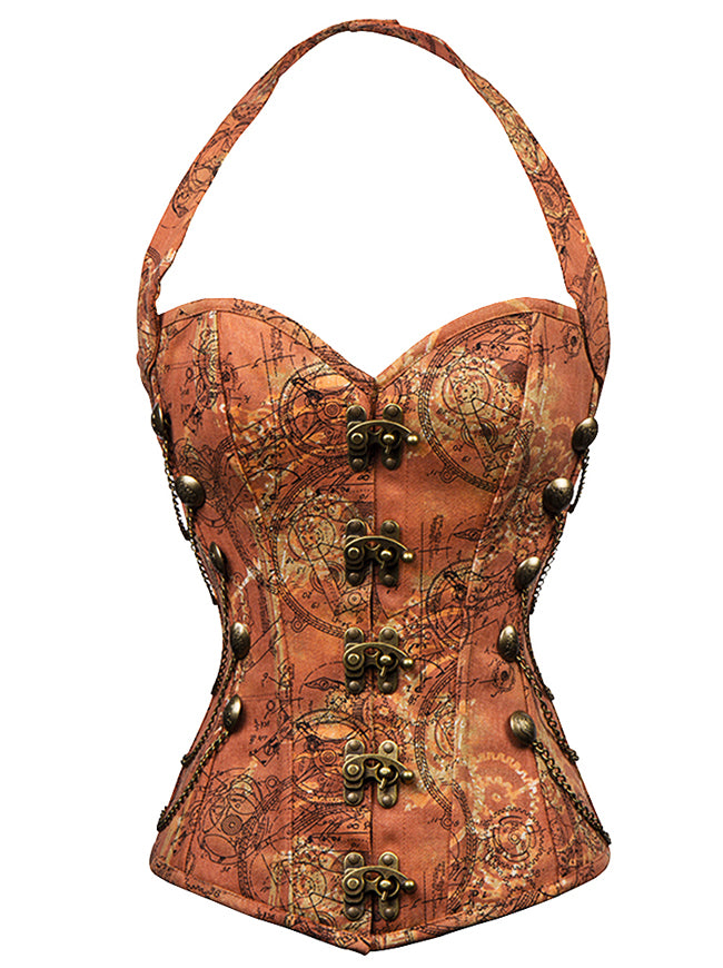 High Quality Overbust Golden Real Leather Steam punk Spikes Corset with  Clasps