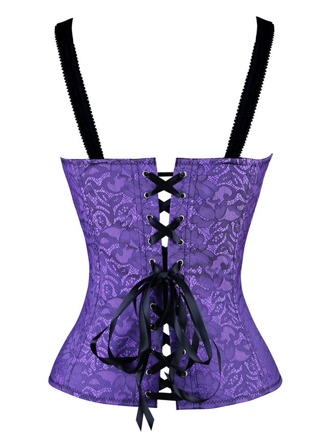 Floral Satin Shoulder Strap Lace Up Waist Corset Tank Tops Purple