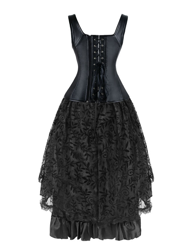 Women's 2 Pcs Steampunk Faux Leather Lace Overbust Corset Vest with Skirt Set Black/Red Back View