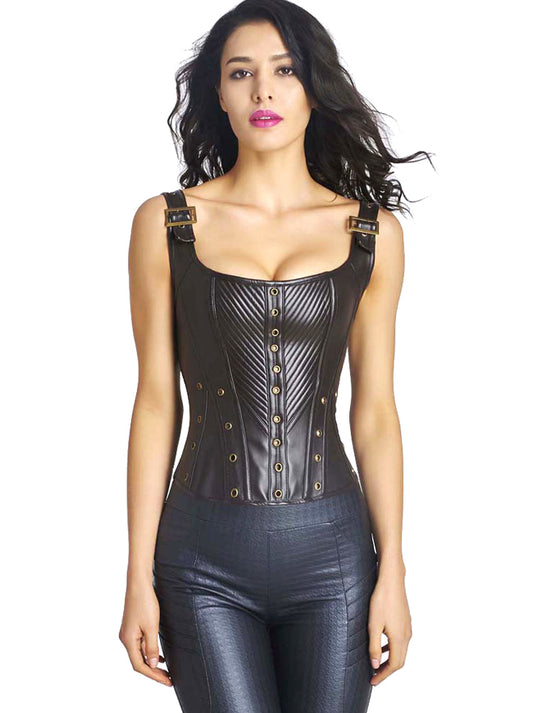 Faux Leather Square Neck Boned Punk Gothic Retro Bustier Corset Main View