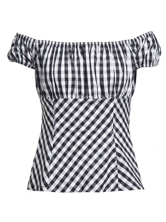 Short Sleeve Ruffle Off Shoulder Plaid T-shirt Peasant Top