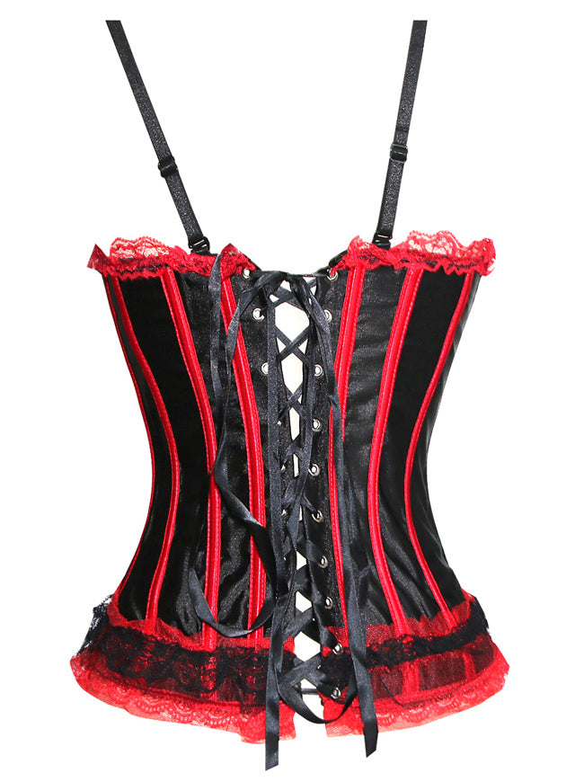 Women's Hottie Gathered Bust Removable Straps Satin Body Shaper Corset Black/Red Back View