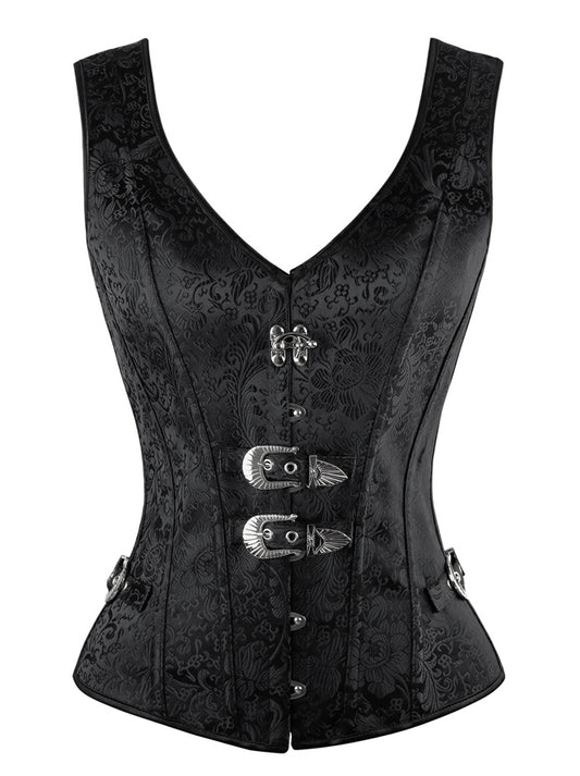 Gothic Steampunk Jacquard Overbust Corset Vest with Buckles Main View