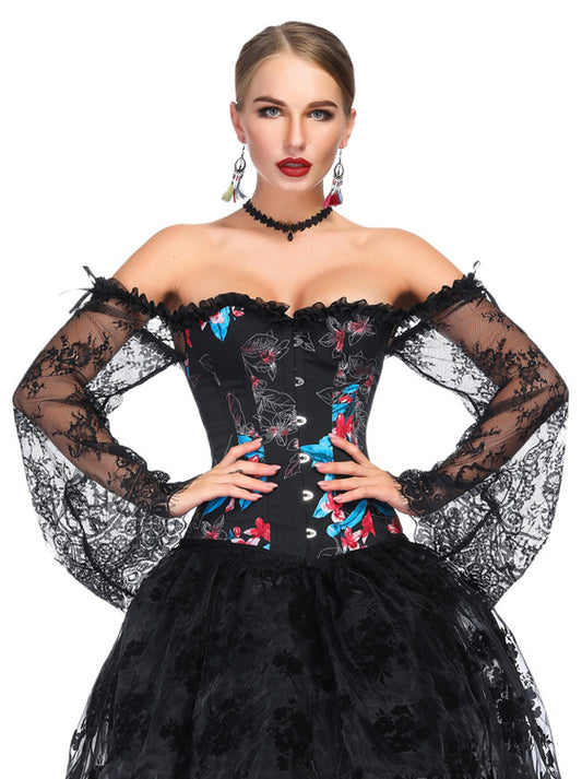 Vintage Steampunk Overbust Corset Off Shoulder Floral Bustier Top with Long Sleevesp Main View