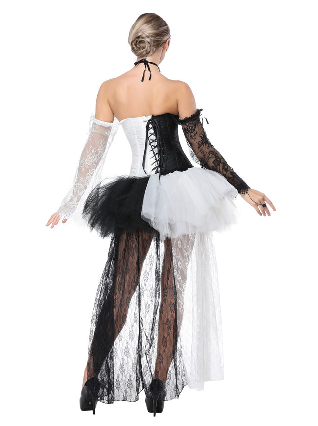 Steampunk Victorian Elegant Off Shoulder Overbust Corset Dress Skirt Set  With Lace Long Sleeves