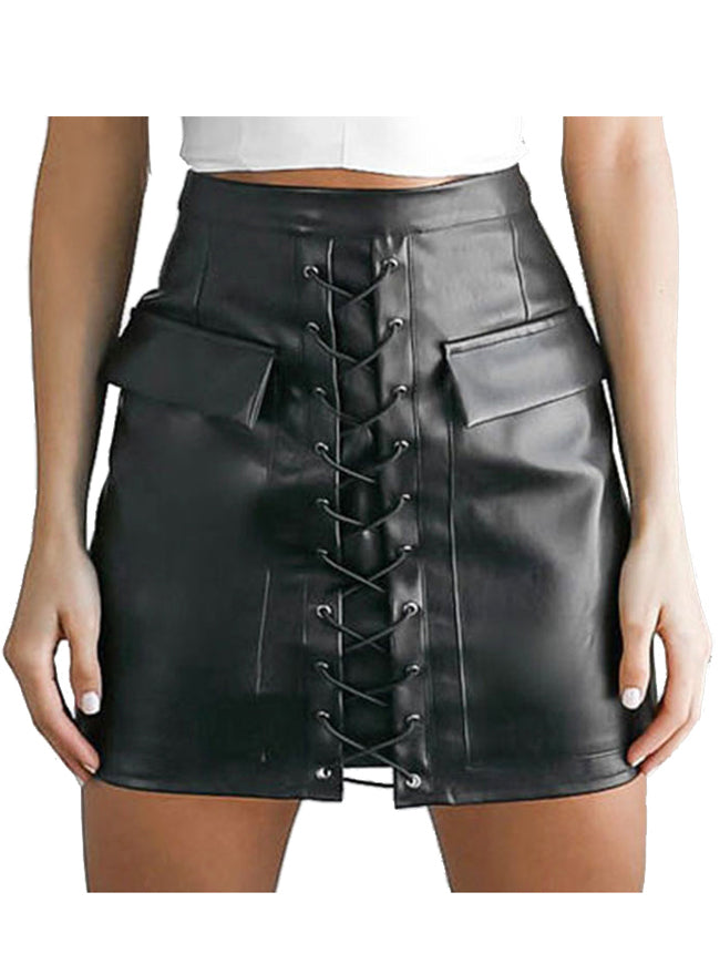 Steampunk Faux Leather High Waist Bodycon A-line Mini Skirt Main View