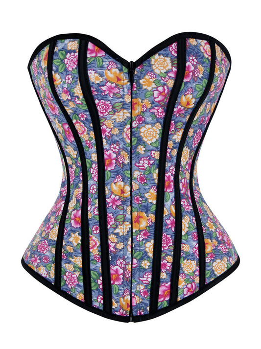 Burlesque Denim Colorful Floral Fantasy Strapless Overbust Corset