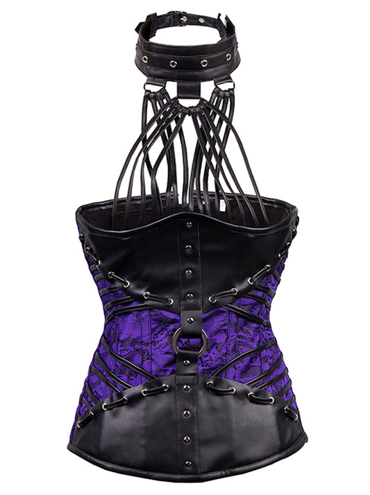 Steampunk Faux Leather Halter Neck Brocade Renaissance Underbust Corset