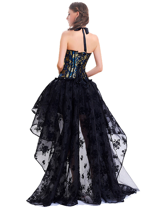 Steampunk Retro Sweetheart Lace Up Flower Printed Bowknot Party Corset Skirt Set Back View