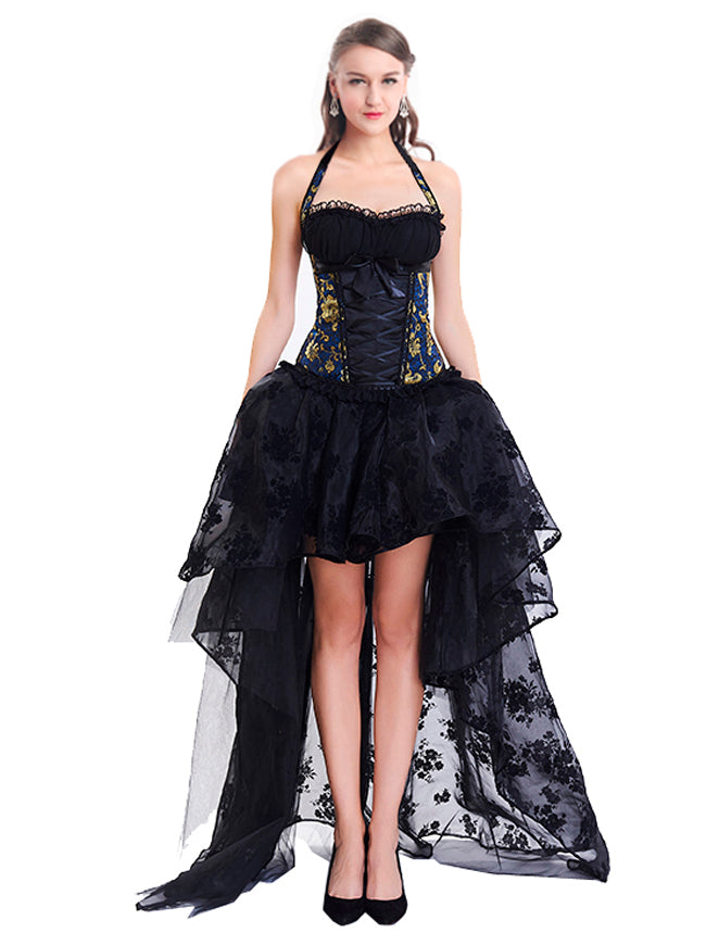 Steampunk Halter Jacquard Floral Bustier Waist Corset and Organza High Low Skirt Set