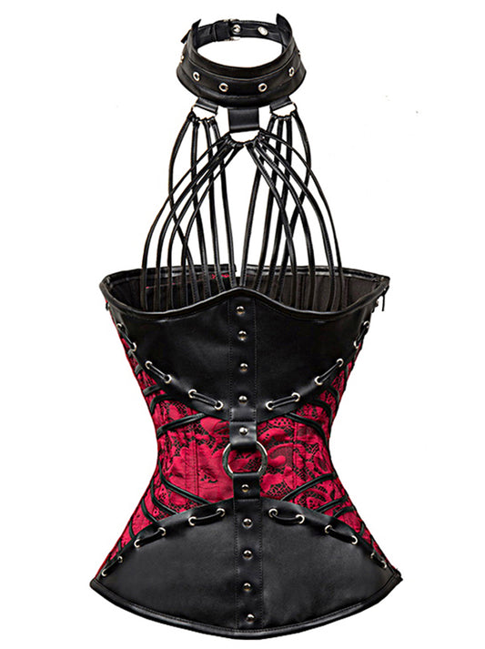 Steampunk Halter Neck Brocade Faux Leather Underbust Corset