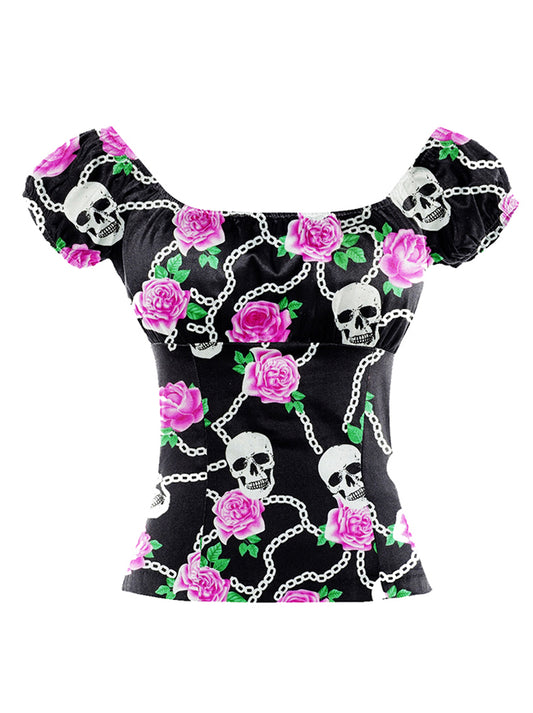 Short Sleeves Ruffled Skull and Flower Print Halloween Casual Off Shoulder T-shirt Blouse Top Main View