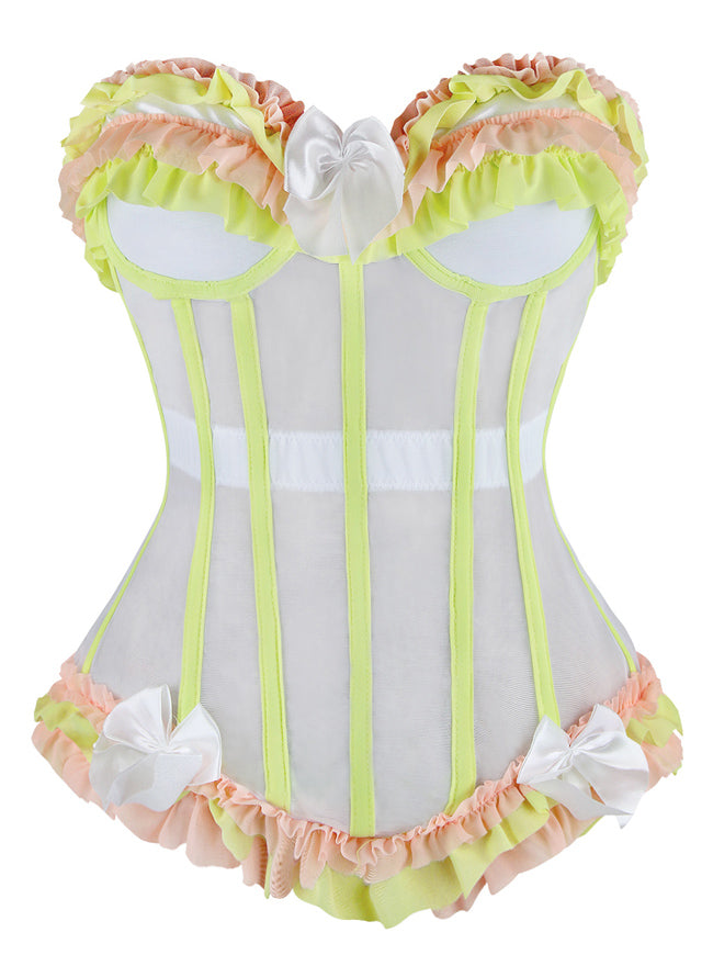 Sweetheart Mesh Ruffle Waist Cincher Overbust Corset Bustier Top